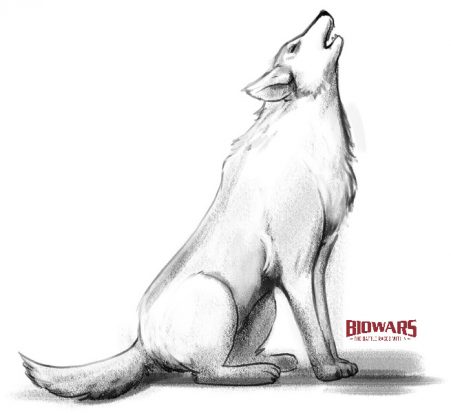 The finished drawing of a wolf with a BioWars logo next to it.