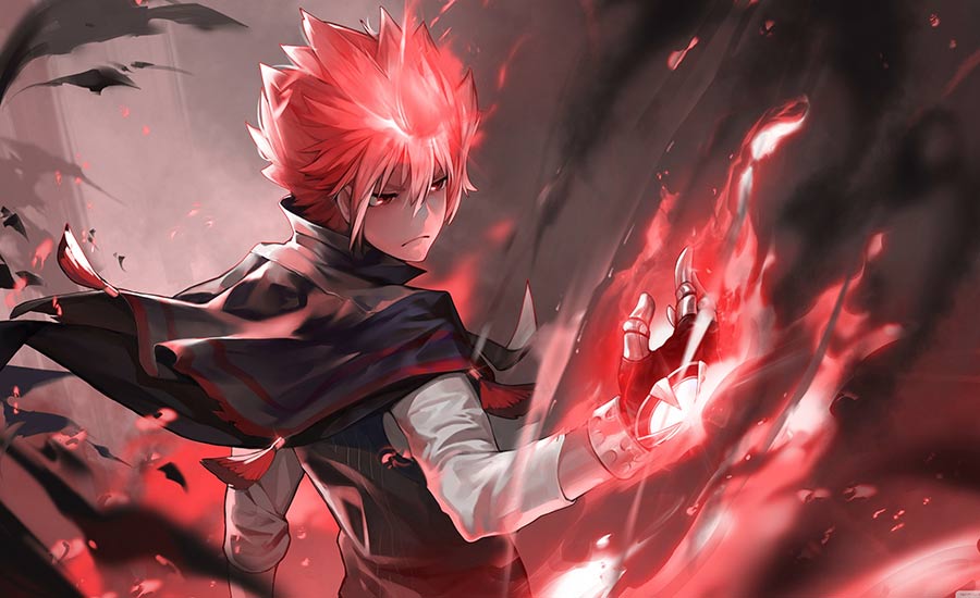 Stock illustration showing a male anime character with a bright red spiky hair and a fantastical background.