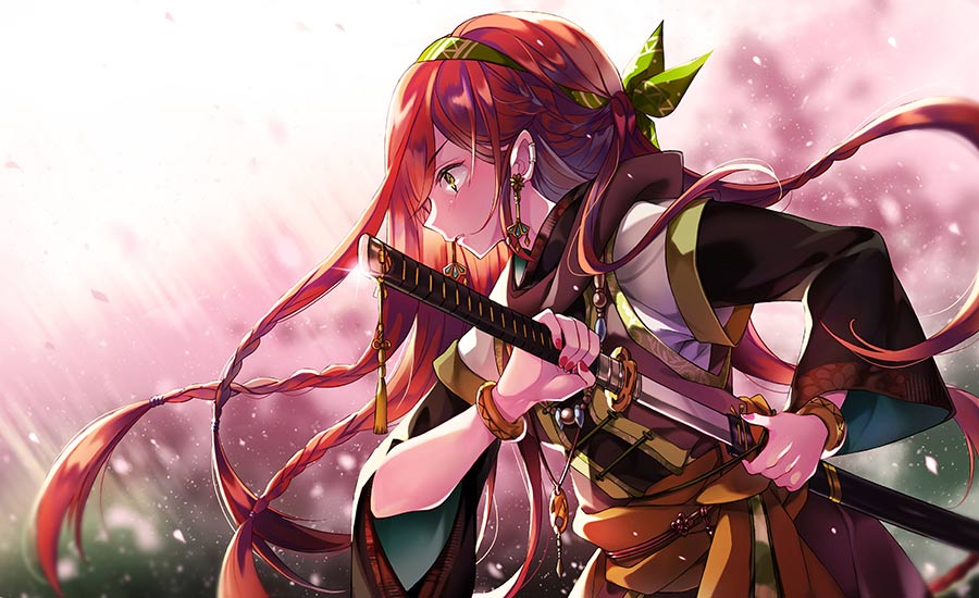 anime girl with sword and red hair