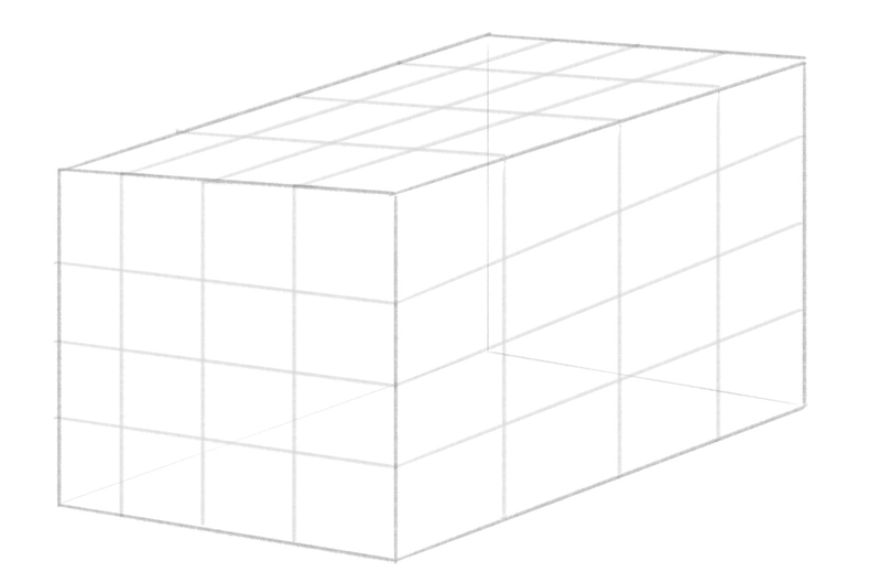 The large square prism is divided into smaller square prisms, forming the base for the car drawing.​