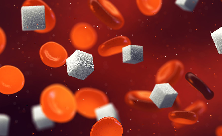 A 3D illustration showing sugar cubes floating among blood cells. Image used to illustrate the build up of glucose in blood in people with diabetes