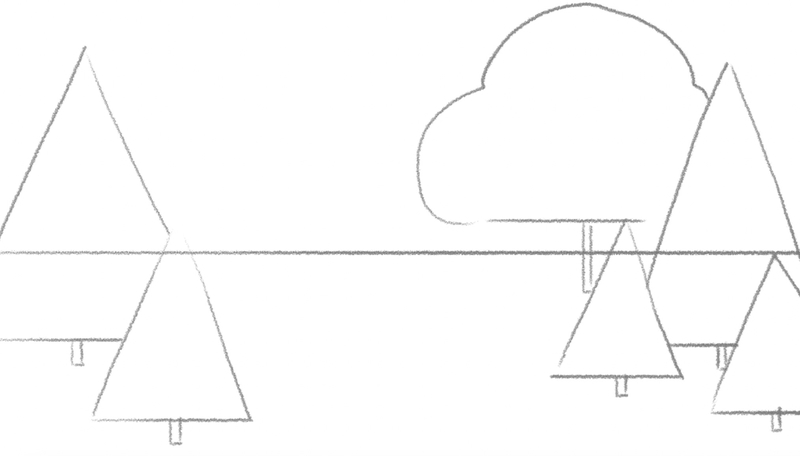 An outline of a deciduous tree next to outlines of evergreen trees.​