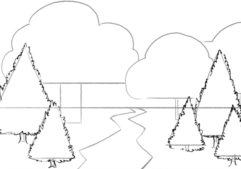 Enhanced tree crowns of all evergreen trees with squiggly lines.​