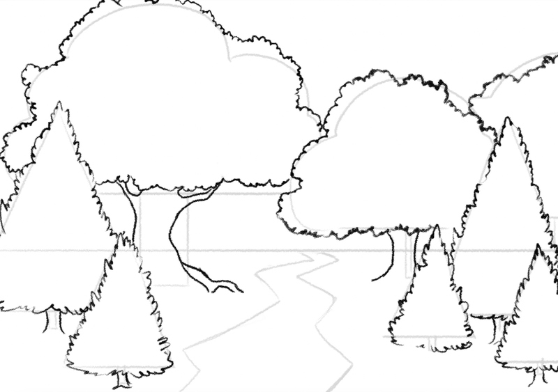 Outlined deciduous trees.​