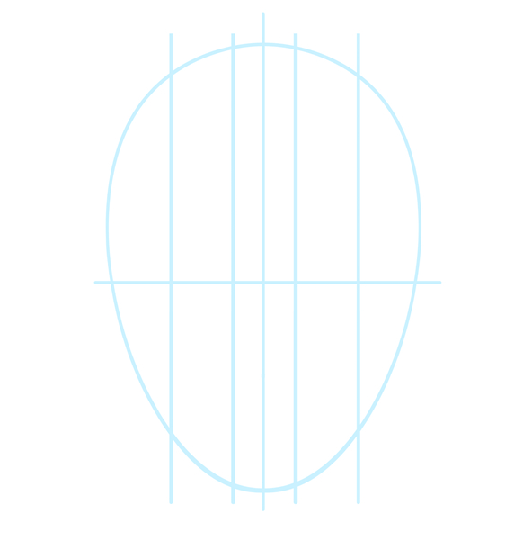 Basic head shape segmented with guidelines that mark the position for the eyes.