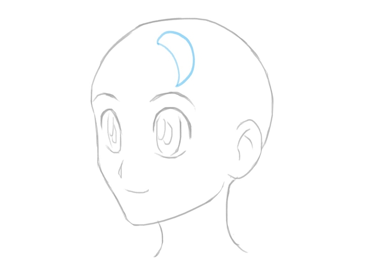 One part of the bangs outline added to the top of the female anime character’s head.​