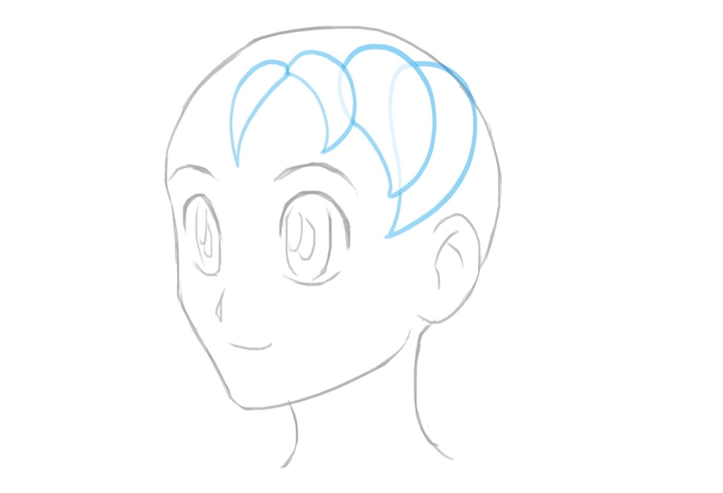 The fourth part of the bangs outline added to right side of the female anime character’s head.​