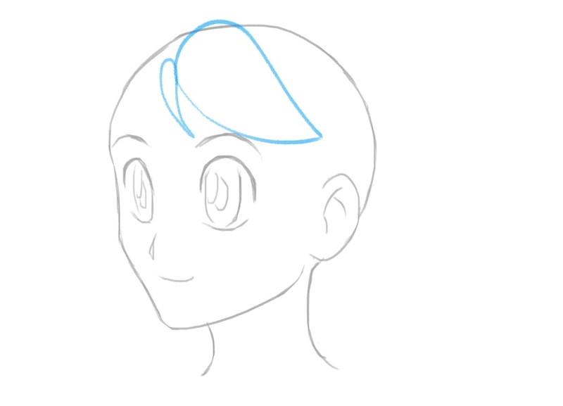 An anime character’s head with the second part of the bangs drawn on it.​