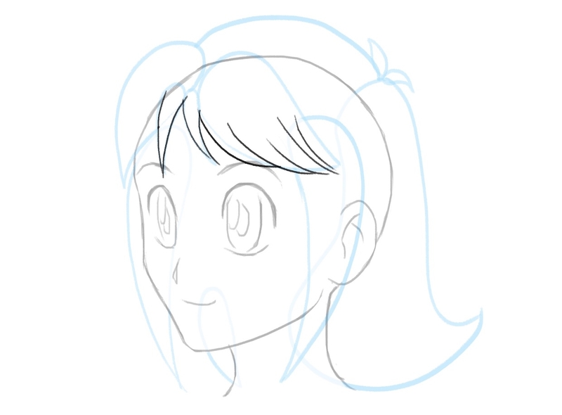 The outline of the short female anime hairstyle with partly contoured bangs.​