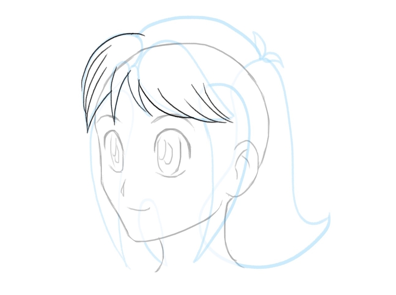 The outline of the short female anime hairstyle with fully contoured bangs.​