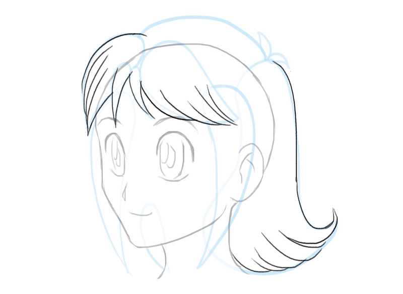 The outline of the short female anime hairstyle with slightly contoured hair above shoulders on the left side.​