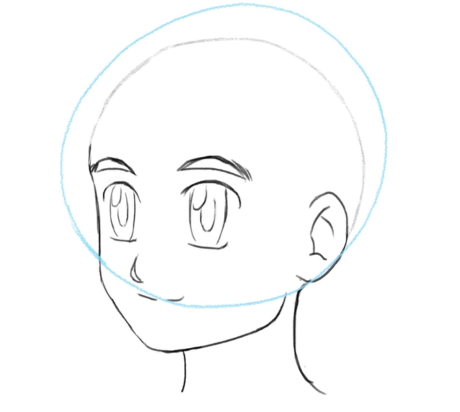 A drawing of a circle which will be the base of the medium long male anime hair drawing.​