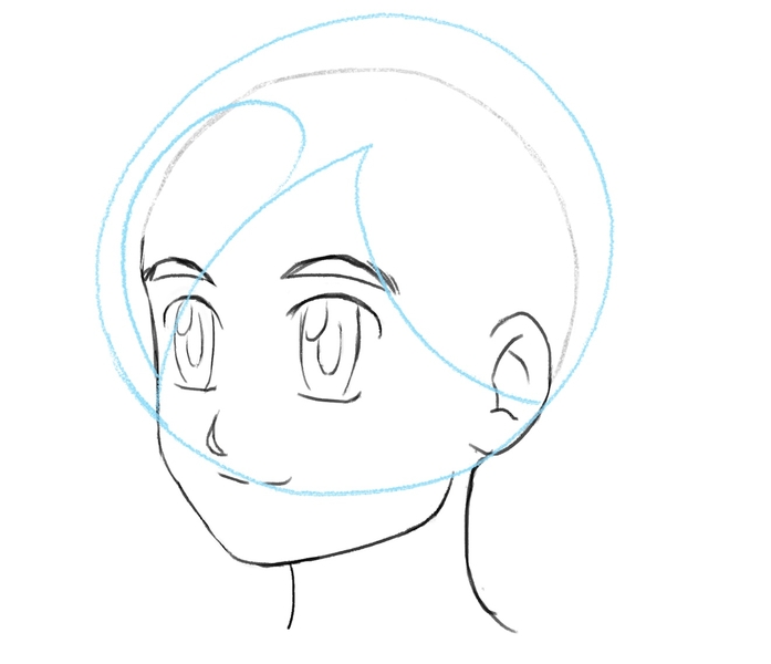 The first wing shape is added to the sketch to mark the length of the strands at the front of the anime boy’s hair.​