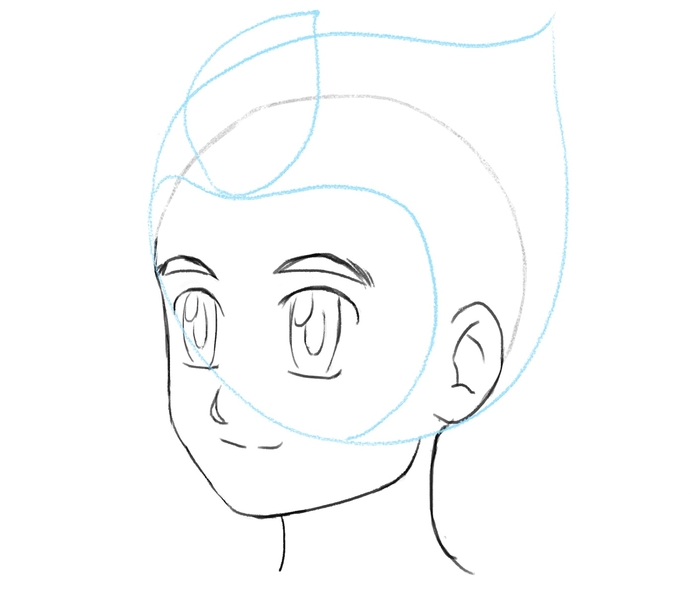 The spiky hair outline with the hairline and the first strand of hair added to the sketch. ​