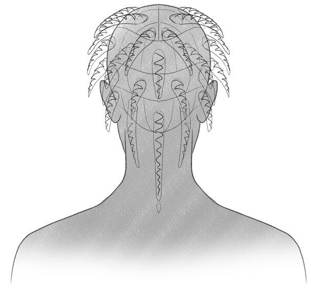 Zig-zag lines are used to create the shape of the box braids. ​