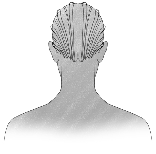 A man’s hair is divided into eight sections, with rectangles drawn on them as the base for the cornrows. ​