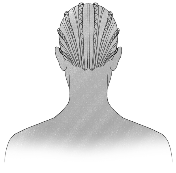 Zig-zag lines added to the hair sections to form cornrows. ​