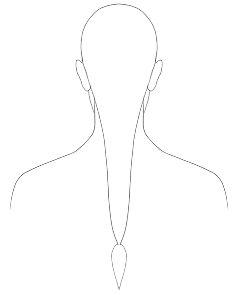 A woman depicted from the back with a braid and hair tail outline. ​
