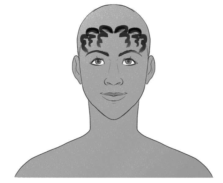 A woman’s head with curls added along her hairline. ​