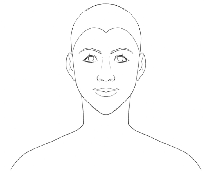 A woman’s head with a hairline and no hair as a starting point for the guide on how to draw wavy hair.​