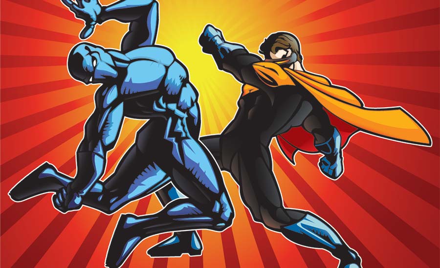 Illustration showing a superhero and a villain in a fight.​