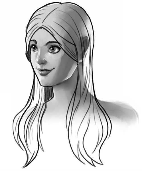 More hair strands and the hair parting added to the long hair sketch. ​