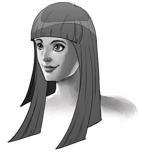 Finished drawing of the long hair with bangs.