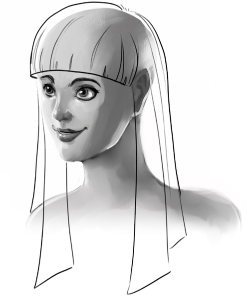 Outline of the long hair with the bangs is finished. ​