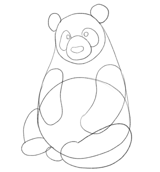 The eyes and the nose are added to the sketch; with that, the outline of the panda’s body is finished.​
