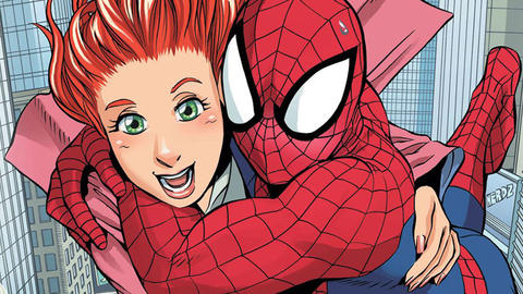 A screenshot of Spider-Man and Mary Jane Watson holding onto each other as they fall off a building. Image used in the "Best Superhero Couples" blog post.