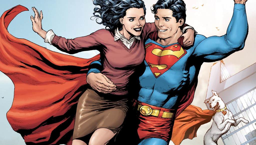 A screenshot of Superman holding Lois Lane while flying. Image used in the "Best Superhero Couples" blog post