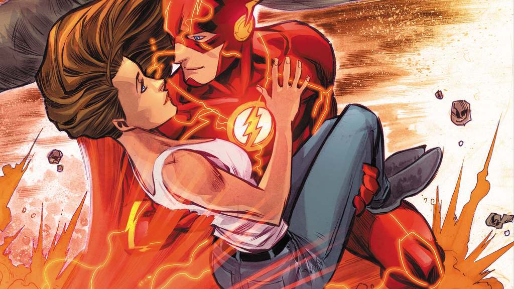 An image depicting The Flash holding Iris West. Image used in the "Best Superhero Couples" blog post.