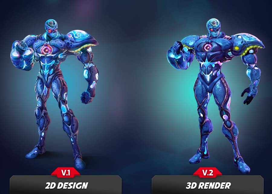 2D and 3D designs of Blastor - a Biowarrior.