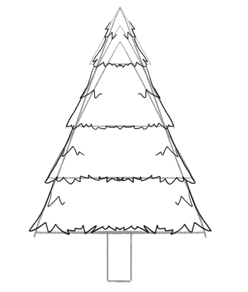 Each layer of the Christmas tree outline is split in half with wavy lines placed next to the edges of the tree. ​