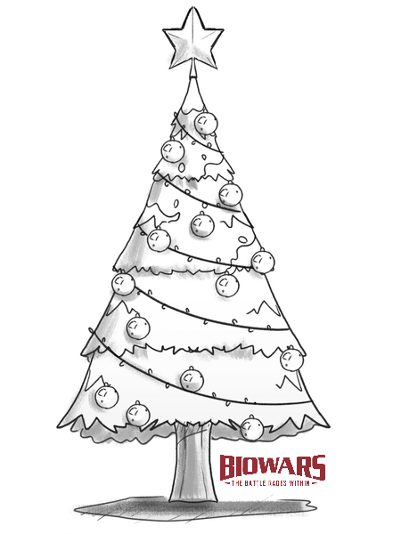 Image of the finished Christmas tree drawing with the Biowars logo next to the tree. Photo used in the “Christmas Tree Drawing In 6 Steps For Beginners” blog post.