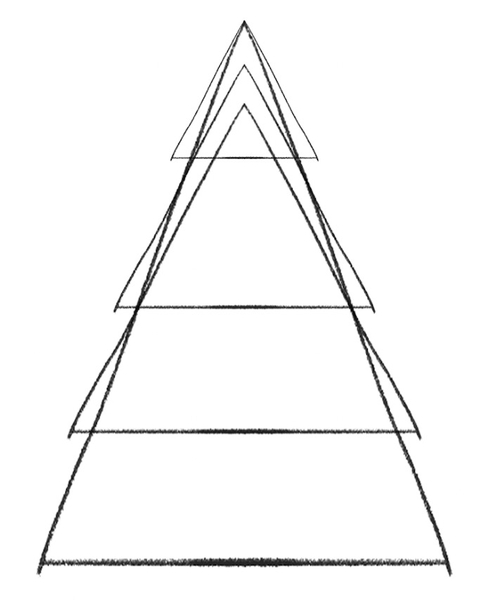 A large isosceles triangle with three triangles added to its surface to form the Christmas tree layers.​