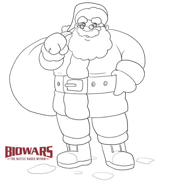 Finished drawing of a Santa Claus with the BIOWARS logo next to it. Image used in the “Santa Drawing 101: A Beginner's Guide to Festive Sketching” blog post.​