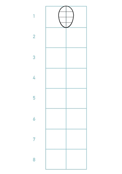 Head divided into four equal parts with horizontal lines.